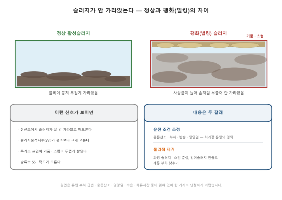 폭기조에 거품이 넘치고 슬러지가 안 가라앉는다 — 슬러지 팽화(벌킹) 진단과 대응